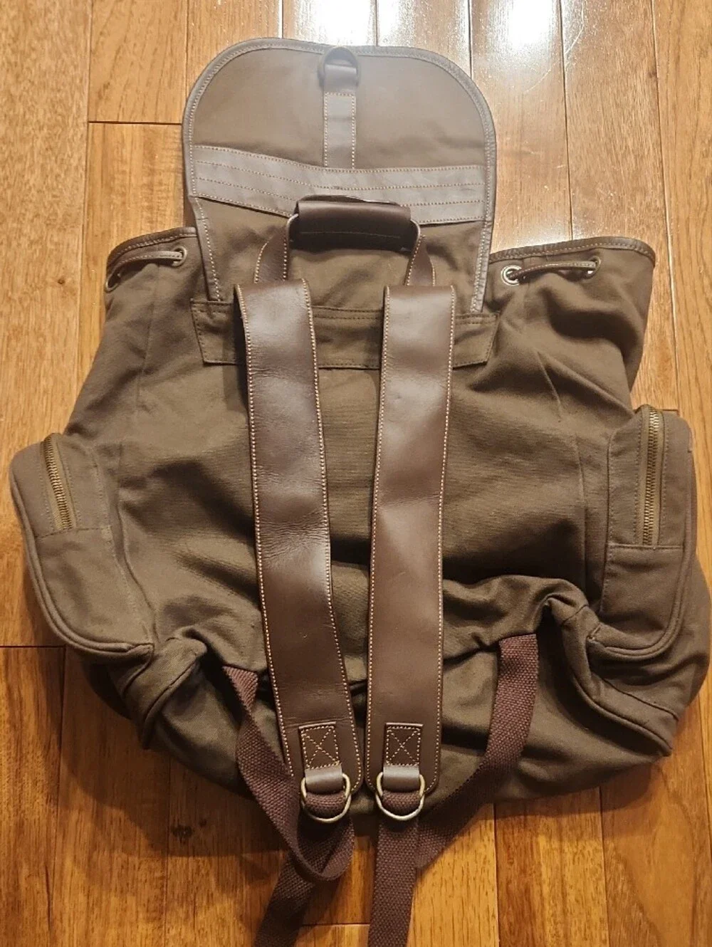 Men's Dark Brown Cotton Canvas Backpack with Brown Leather Trim